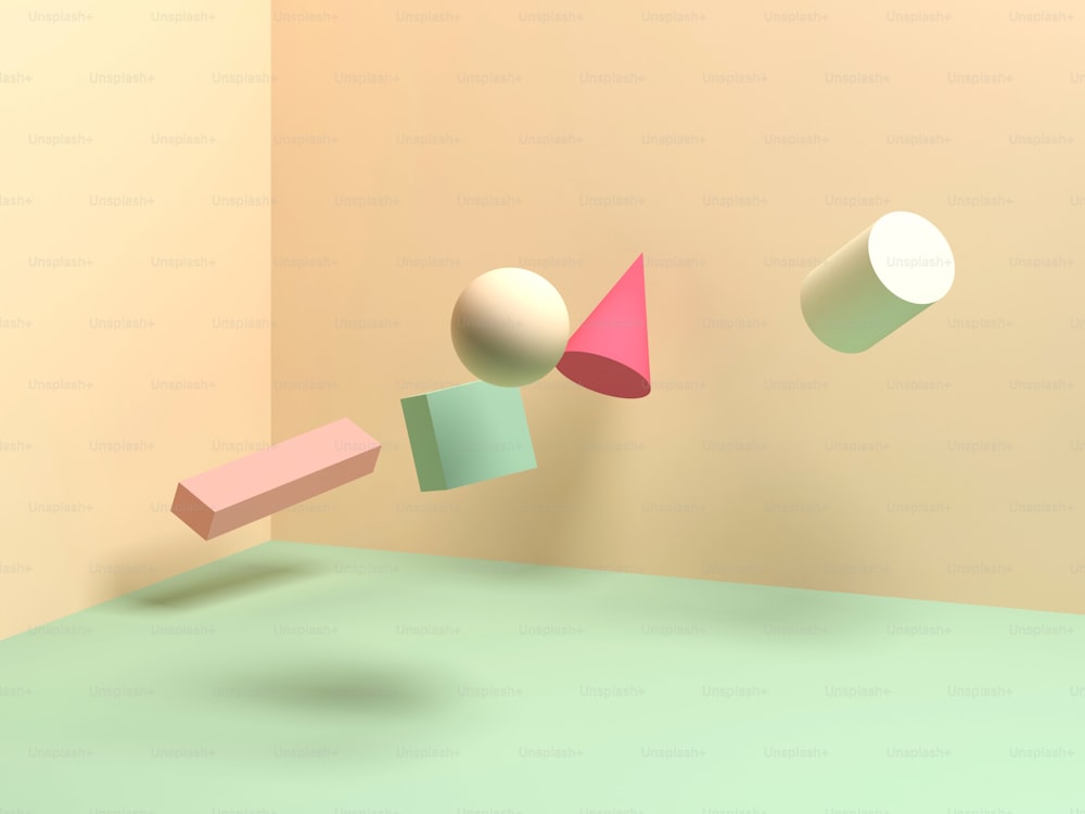 Abstract colorful illustration with levitating primitive geometric shapes. Zero gravity, 3d rendering