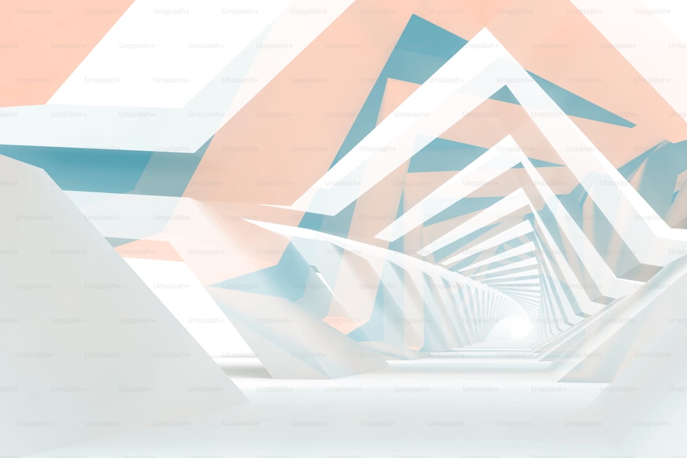 Abstrakter digitaler grafischer Hintergrund, Tunnel aus gekreuzten polygonalen Strukturen. Doppelbelichtungseffekt, 3D-Rendering-Illustration