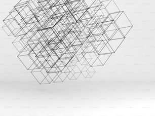 Des cubes filaires de taille aléatoire s’enchaînent sur fond blanc. Installation abstraite de haute technologie. . Concept de stockage de données nuageux numérique. Illustration de rendu 3D
