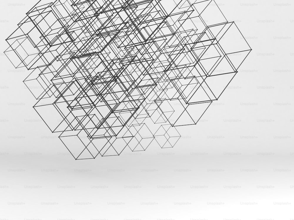 Cubi wire-frame di dimensioni casuali su sfondo bianco. Installazione high-tech astratta. . Concetto di archiviazione dei dati digitale nuvoloso. Illustrazione di rendering 3D