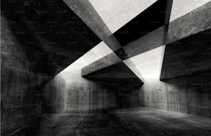 Fundo interior abstrato de concreto, paredes escuras interseccionadas, ilustração digital com efeito de dupla exposição, renderização 3d