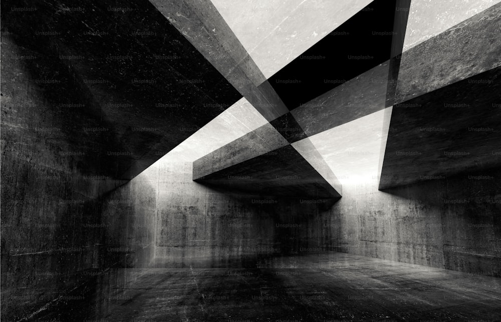 Abstract concrete interior background, dark intersected walls, digital  illustration with double exposure effect, 3d render