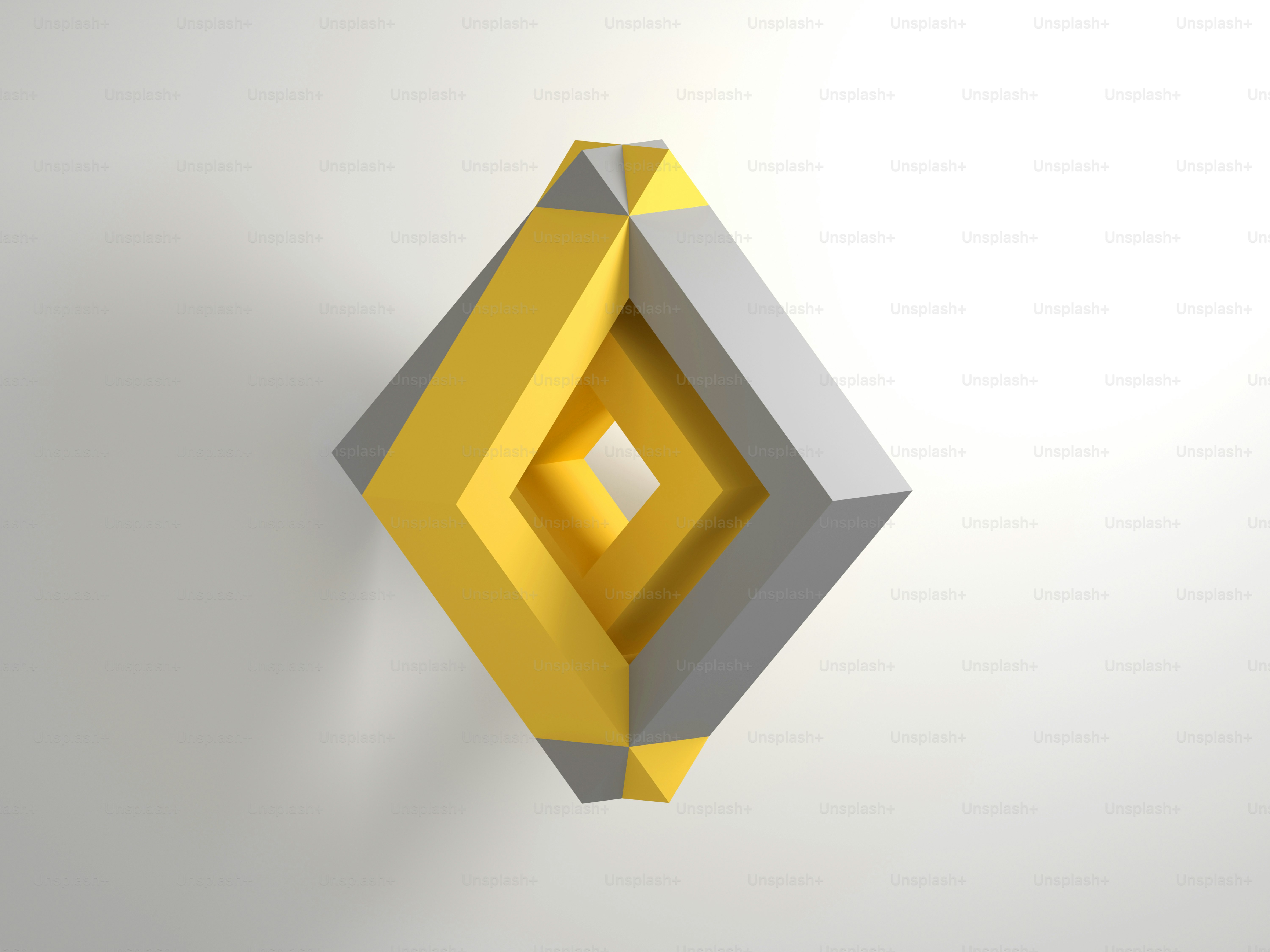 Abstract geometric installation of connected gray and yellow shapes over white background with soft shadow. 3d rendering illustration