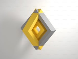 Instalación geométrica abstracta de formas grises y amarillas conectadas sobre fondo blanco con sombra suave. Ilustración de renderizado 3D