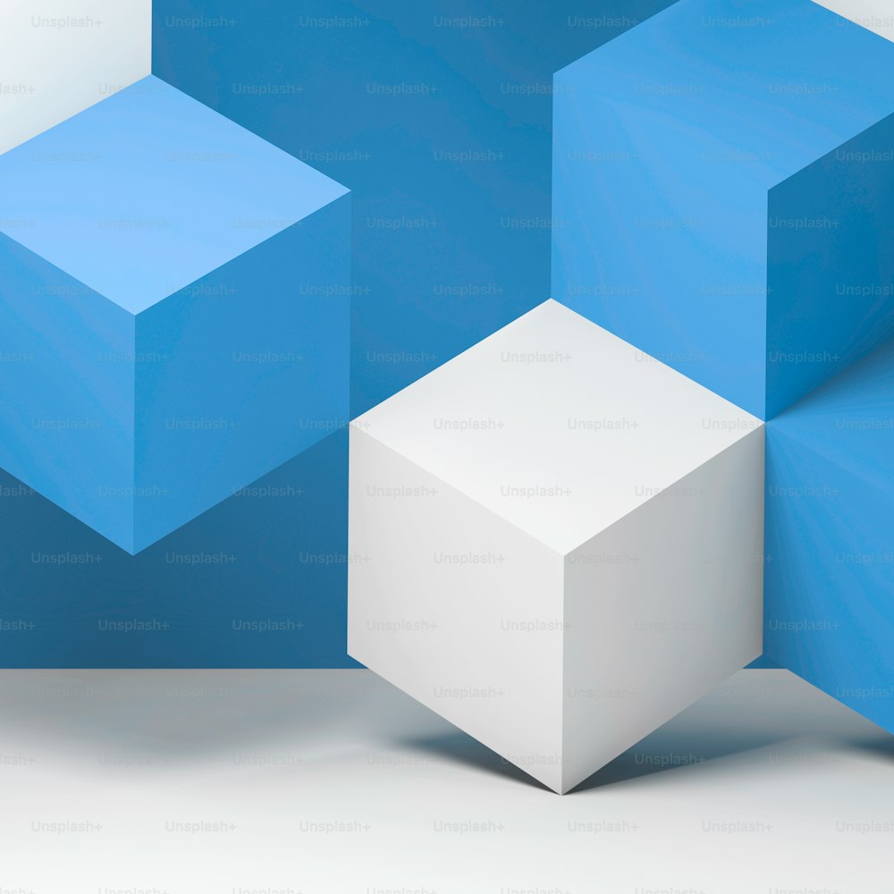 Instalação geométrica de cubos azuis brancos, fundo digital abstrato. Ilustração de renderização 3D