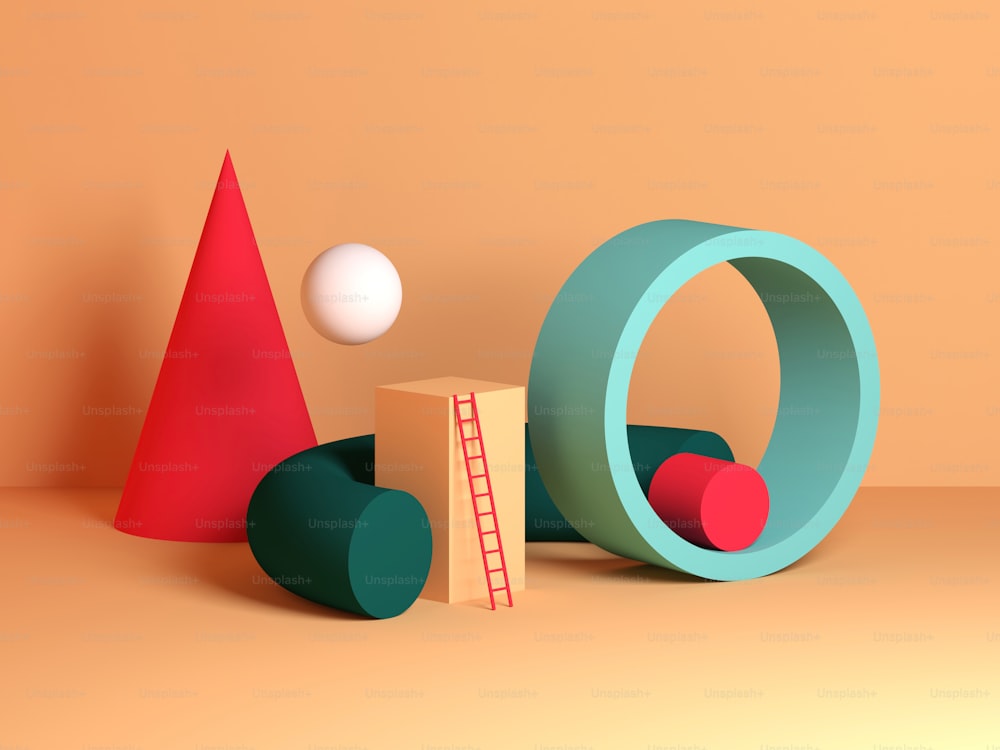 Abstract colorful still life installation, primitive geometric shapes. 3d rendering illustration