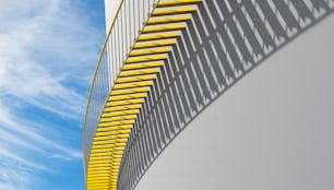 Zeitgenössischer Architekturhintergrund, gelbe Metalltreppe mit Schattenmuster geht über weiße Wand, 3D-Illustration
