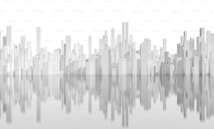 Skyline astratto della città bianca su terreno grigio lucido isolato su sfondo bianco. Modello digitale con grattacieli geometrici alti, illustrazione di rendering 3d