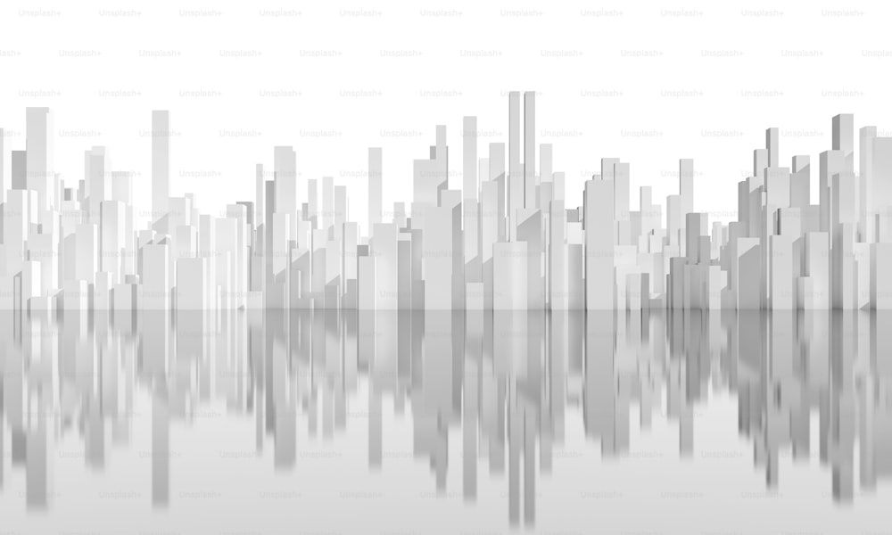 Abstract white city skyline on shiny gray ground isolated on white background. Digital model with geometric tall skyscrapers, 3d rendering illustration