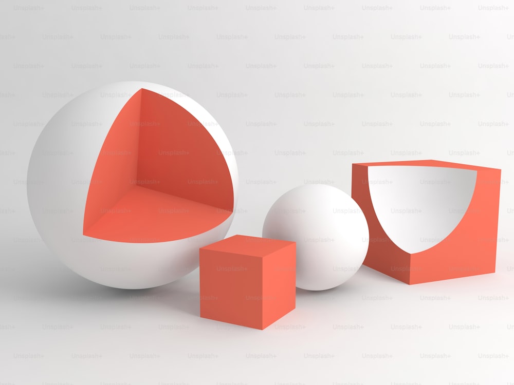 Abstrakte Stillleben-Installation mit rot-weißen, geometrischen Formen auf weißem, weich schattiertem Hintergrund. Illustration der booleschen Operation subtrahieren. 3D-Rendering