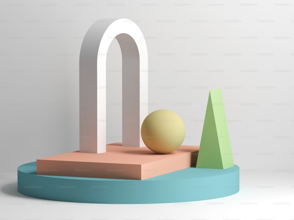 Abstract still life installation with white arch and colorful primitive geometric shapes. 3d rendering illustration