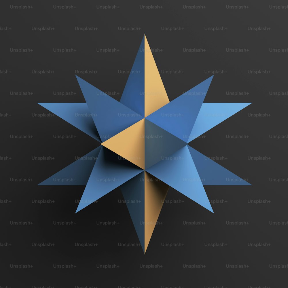 Abstract blue star object with yellow polygons over dark gray background, 3d render illustration