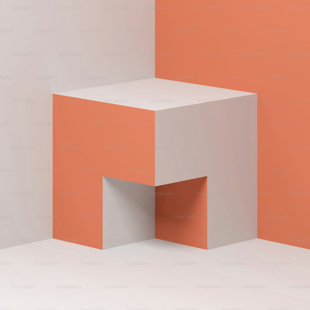 Abstraktes rot-weißes kubisches Objekt steht in leerer Ecke, minimalistischer Architekturhintergrund. Quadratische 3D-Rendering-Illustration