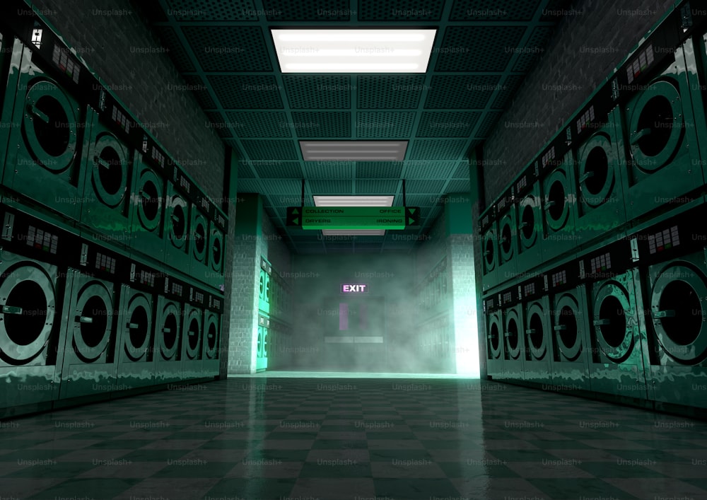 Um olhar para baixo de um corredor mal iluminado de máquinas de lavar roupa industriais azul-turquesa em uma lavanderia - renderização 3D