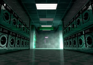 A look down a dimly lit run down aisle of turquoise industrial washing machines in a laundromat - 3D render