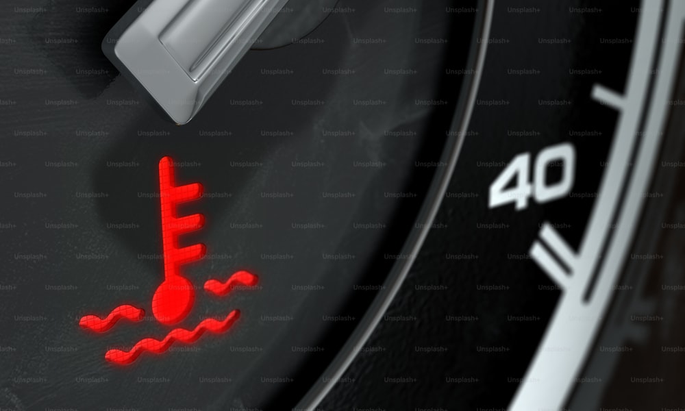 Un rendu 3D d’un gros plan extrême d’une lumière de tableau de bord haute température éclairée sur un arrière-plan de panneau de tableau de bord de voiture