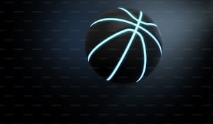 Un concepto deportivo futurista de una pelota de baloncesto con textura negra iluminada con marcas de neón volando a través del espacio oscuro - Renderizado 3D