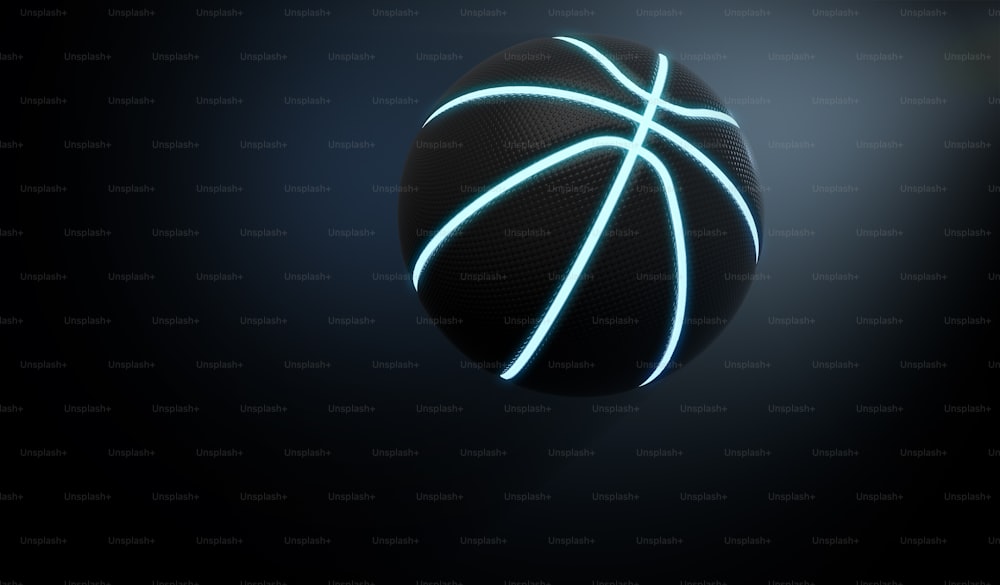 A futuristic sports concept of a black textured basketball ball lit with neon markings flying through dark space - 3D render