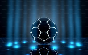 A futuristic sports concept of a soccer ball lit with neon markings on a futuristic spotlit stage - 3D render