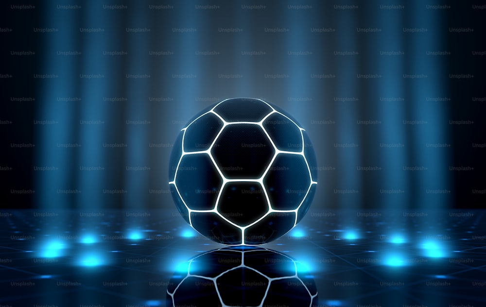 A futuristic sports concept of a soccer ball lit with neon markings on a futuristic spotlit stage - 3D render