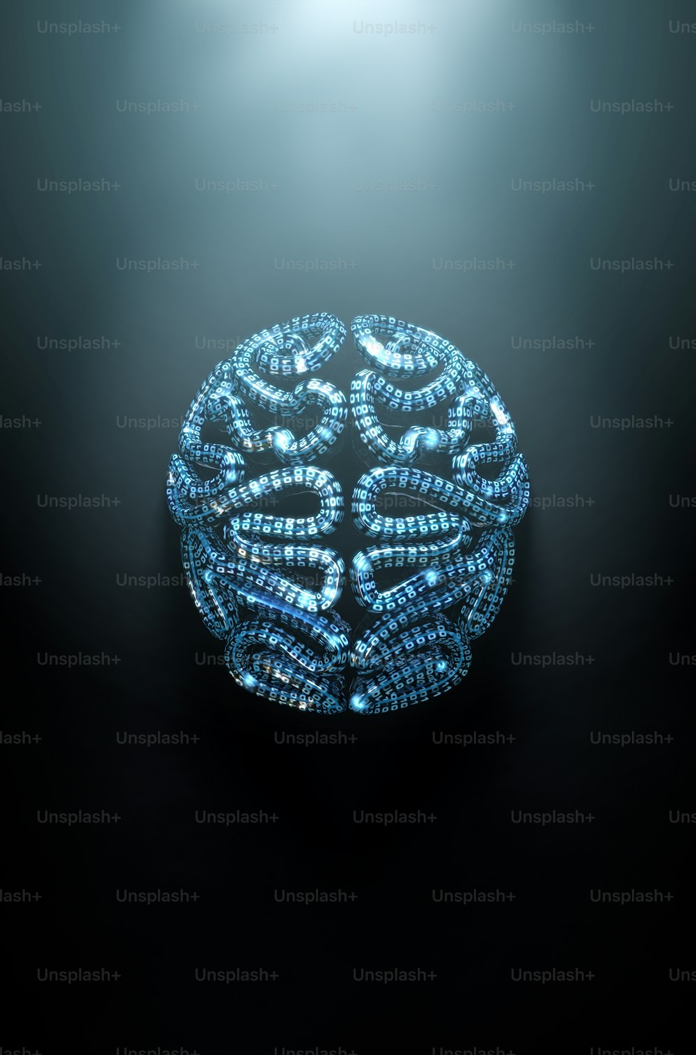 A stylized brain textured with binary computer data code depicting artificial intelligence on an isolated dark spotlit background - 3D render