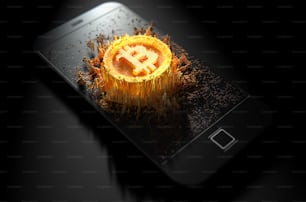 A 3D render of a microscopic closeup concept of small cubes in a random layout that build up to form the bitcoin symbol illuminated on a generic smartphone