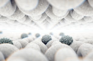 A microscopic close up view between layers of simple woven textile and a visible germ particle  - 3D render
