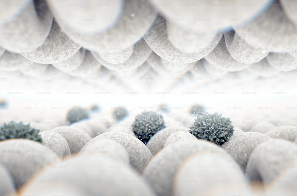 A microscopic close up view between layers of simple woven textile and a visible germ particle  - 3D render