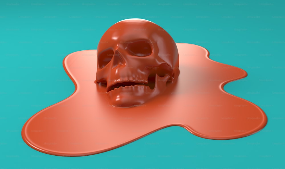 Un concetto sillizzato di un teschio umano rosso che si scioglie in una pozzanghera di liquido su uno sfondo acquatico - rendering 3D