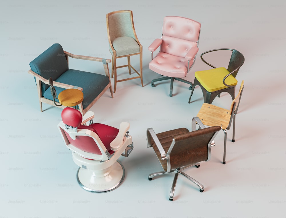 Un concepto que muestra una colección diversa de sillas en varios estilos y colores, todo en un círculo sobre un fondo de estudio aislado: renderizado 3D