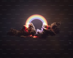 Un concetto surreale di un arcobaleno al neon luminoso e luminoso in una soffice nuvola scura su uno sfondo spaziale stellare - rendering 3D