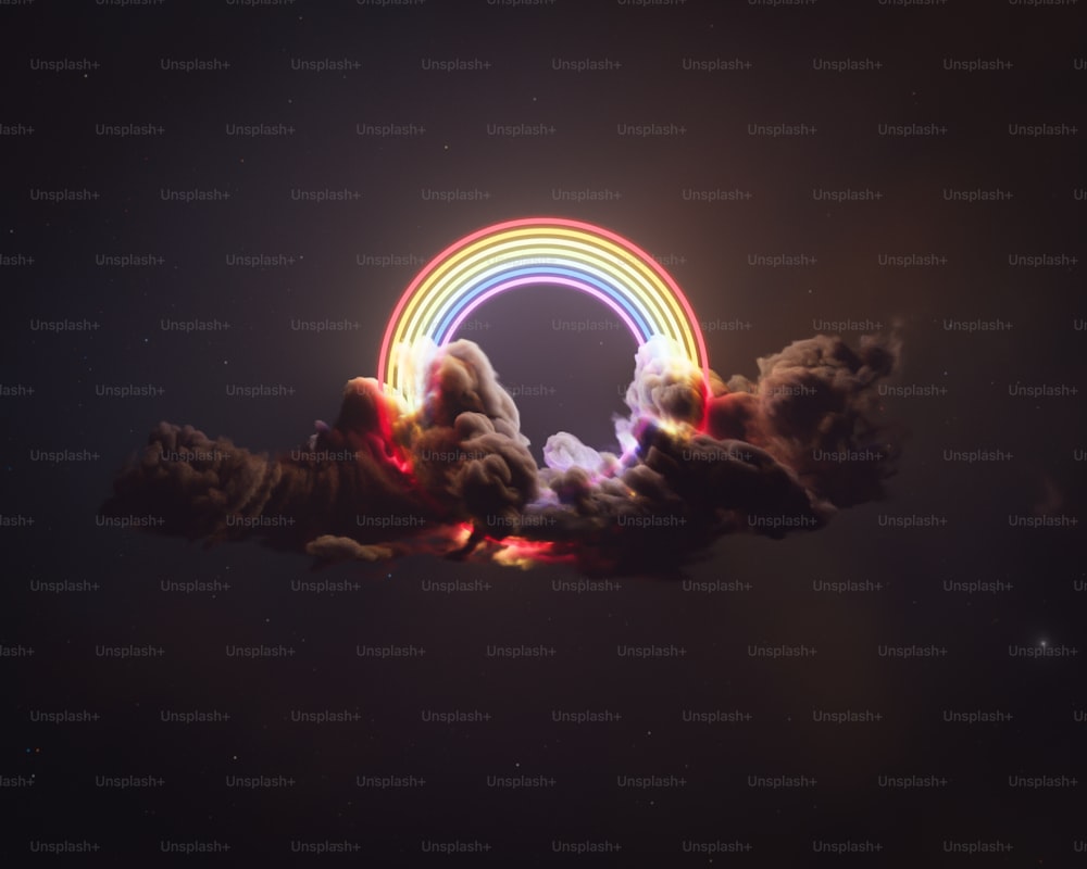 A surreal concept of a bright glowing neon rainbow in a fluffy dark cloud on a stellar space background - 3D render