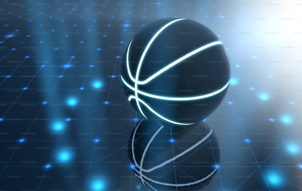 Un concetto sportivo futuristico di un pallone da basket illuminato con segni al neon su un palcoscenico futuristico illuminato - rendering 3D