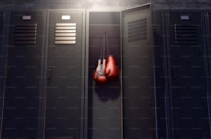 Uma fileira de armários de ginástica de metal com uma porta aberta revelando que tem um par de luvas de boxe penduradas dentro - renderização 3D