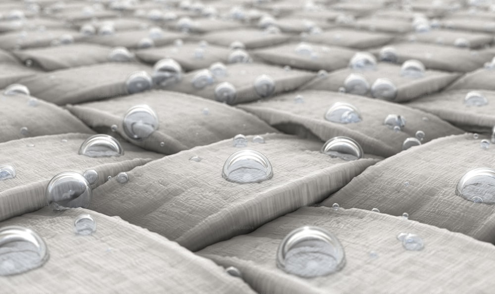 Una vista microscópica de una simple tela textil tejida y burbujas de agua que se absorben en la superficie - Renderizado 3D