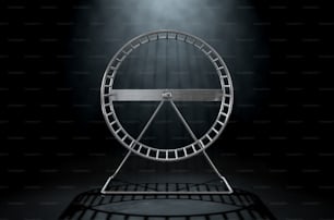 Uma renderização 3D de um close up de uma roda de hamster regular vazia feita de metal em um fundo de estúdio escuro isolado