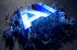 A microscopic closeup concept of small cubes in a random layout that build up to form the acronym for artificial intelligence illuminated -3D render