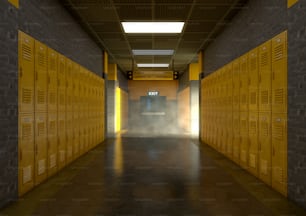 Una mirada hacia un pasillo de escuelas bien iluminado y limpio de casilleros amarillos - Render 3D
