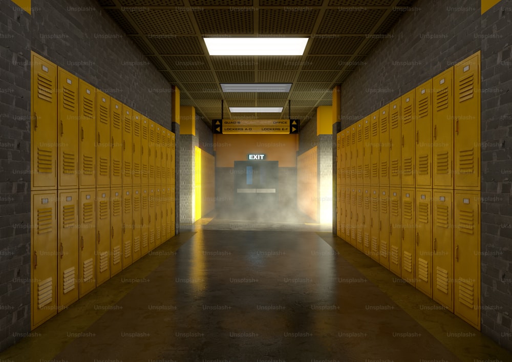Uno sguardo in fondo a un corridoio di scuole pulite ben illuminato di armadietti gialli - rendering 3D