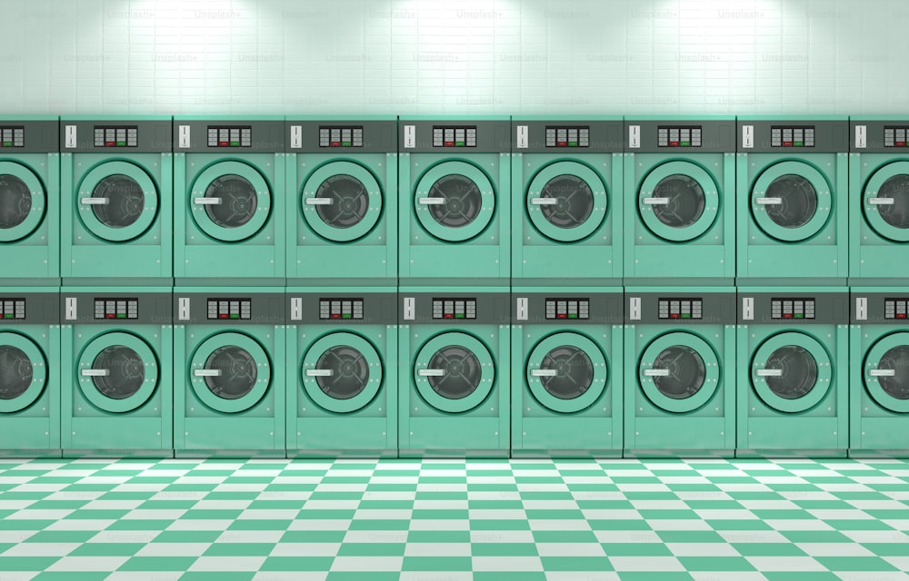 A wall of a well lit clean stack of turquoise industrial washing machines in a laundromat - 3D render