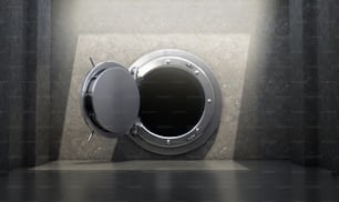 Un concept de passerelle métallique lourde ouverte dans la chambre forte d’une banque en béton éclairée par une plafonnière - Rendu 3D