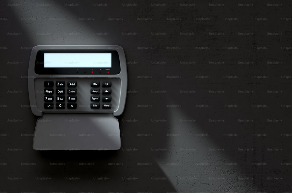 A 3D render of a home security keypad access panel with buttons and a blank illuminated screen mounted on a wall in the dark