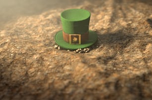 Un'immagine concettuale che mostra un piccolo cappello da folletto apparentemente perso a terra durante il giorno - rendering 3D