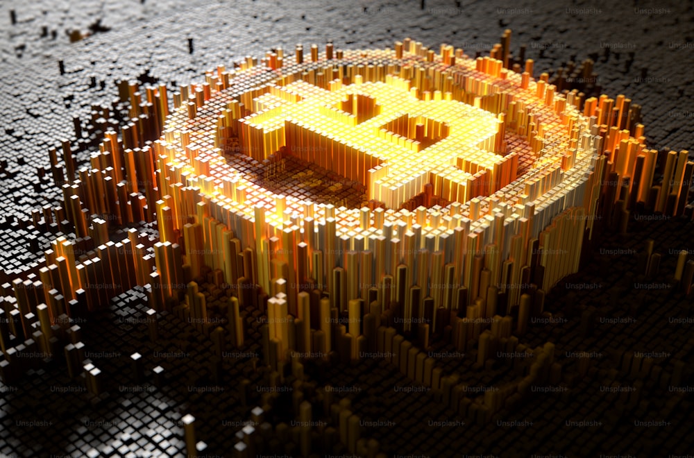 Un render 3D de un concepto de primer plano microscópico de pequeños cubos en un diseño aleatorio que se acumula para formar el símbolo de bitcoin iluminado