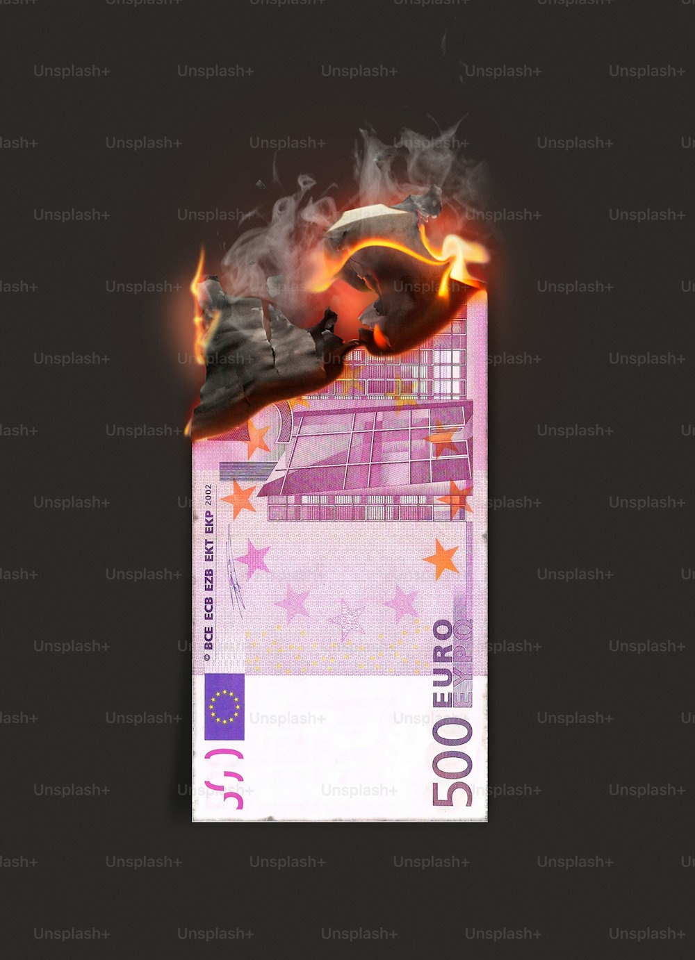 A concept image showing a half burnt flat euro paper note still on fire on a dark studio background - 3D render
