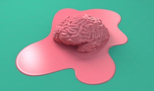 Ein sylisiertes Konzept eines menschlichen Gehirns, das auf grünem Hintergrund zu einer Pfütze aus Flüssigkeit schmilzt - 3D-Rendering