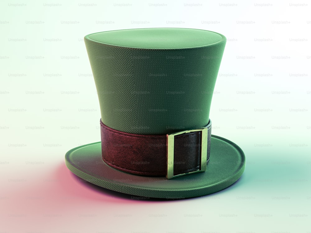 A green material leprechaun hat with a brown leather band with a gold buckle on an isolated background - 3D render