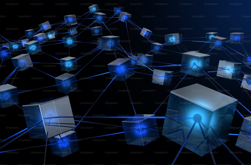 Un concetto che mostra una rete di blocchi di dati interconnessi raffiguranti i dati di una blockchain di criptovaluta su uno sfondo scuro - rendering 3D