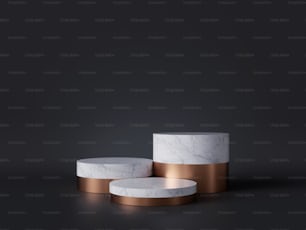 Renderização 3d de pedestal de mármore branco isolado no fundo preto, blocos de três cilindros, conceito minimalista abstrato, espaço em branco, design limpo simples, maquete minimalista de luxo