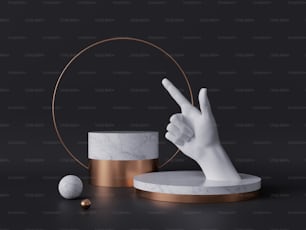 Representación 3D de mano blanca, dedo acusador, concepto de recomendación, pedestal de mármol aislado sobre fondo negro, marco redondo dorado, podio de cilindro en blanco, diseño limpio simple, maqueta mínima de lujo